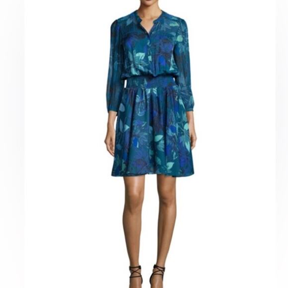 Rebecca Taylor Smocked Tahitian Flower 100% Silk Chiffon Dress Blue Floral Sz 4 - Picture 1 of 11
